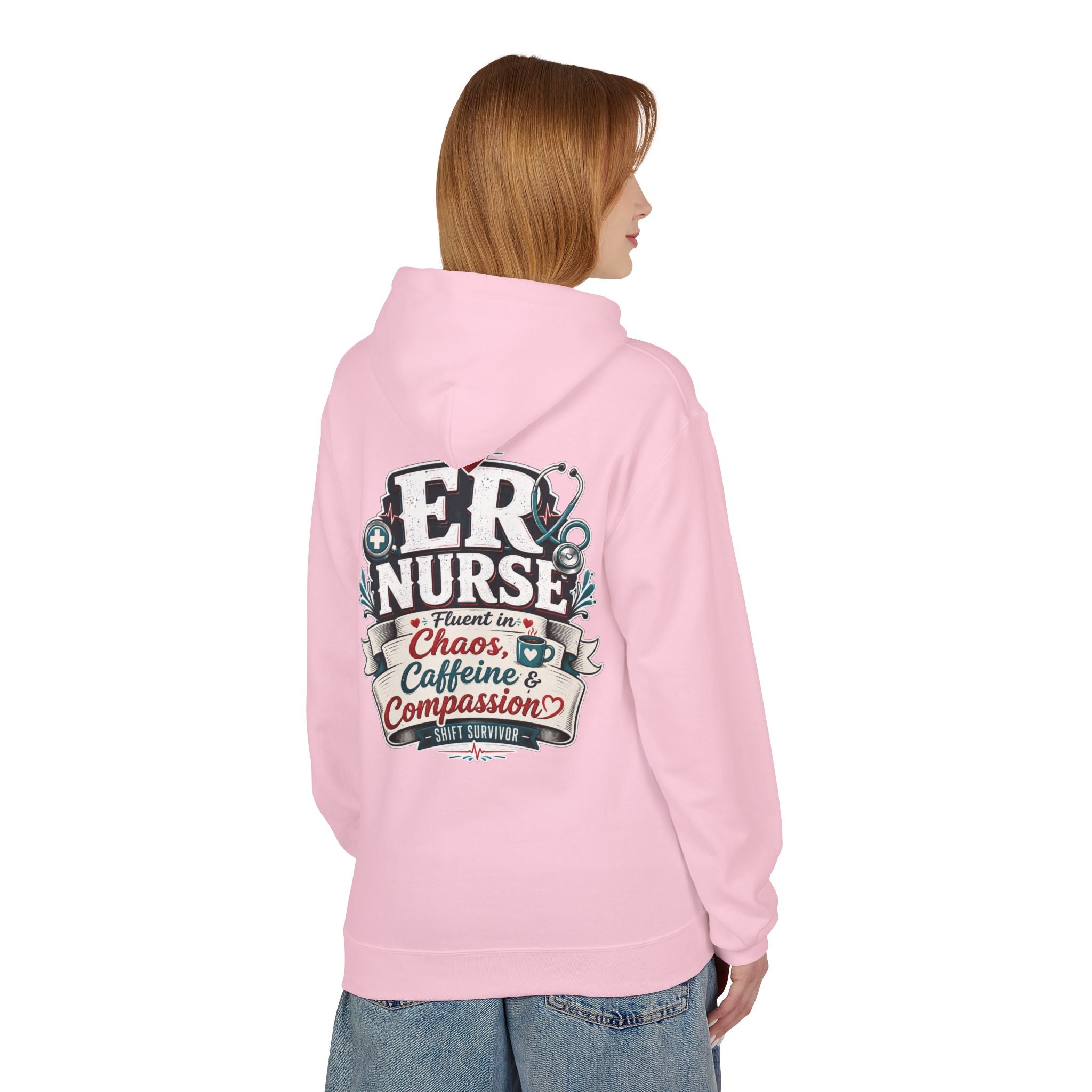 ER Nurse Hoodie - "Present in Chaos, Fueled by Caffeine & Compassion" Medical Staff Pullover