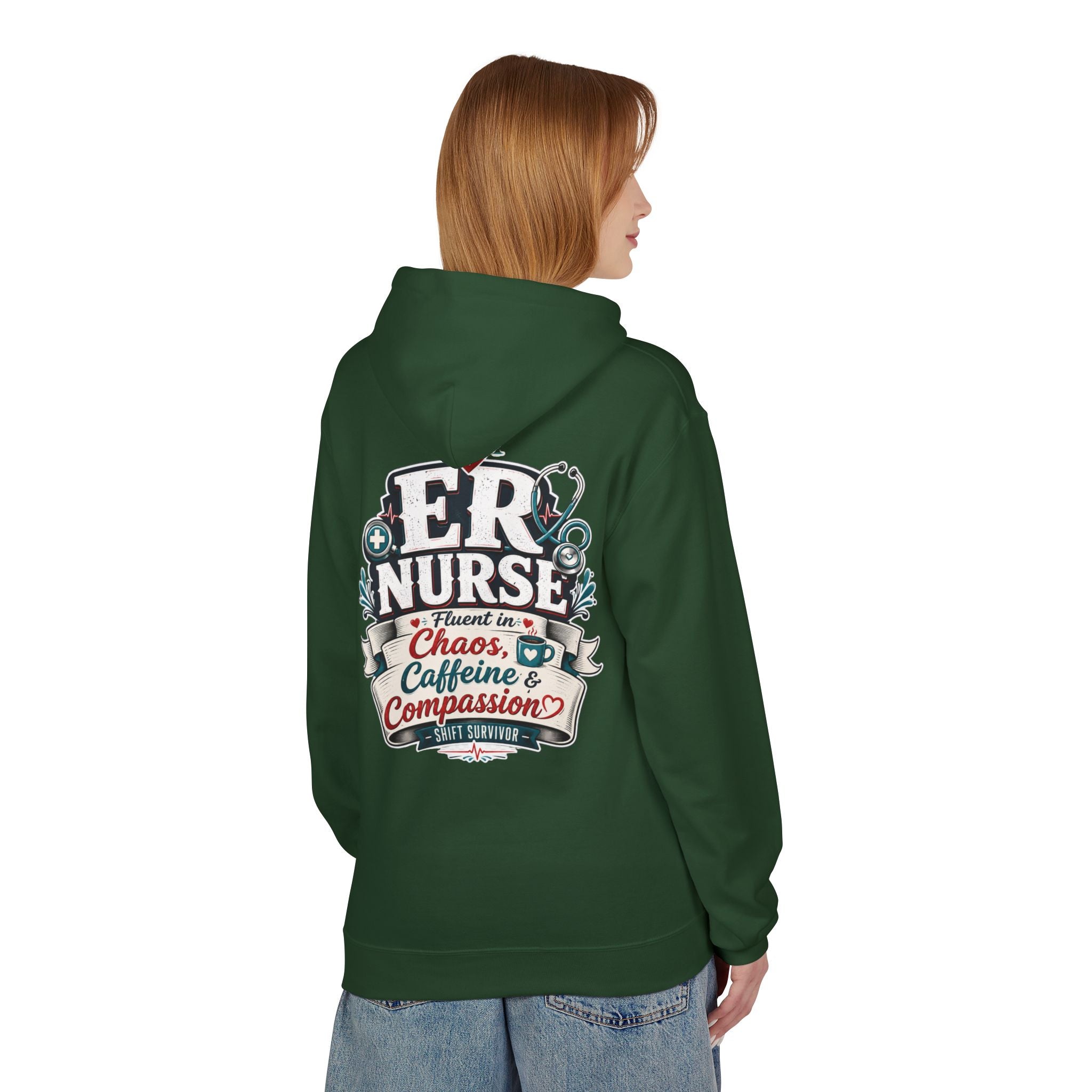ER Nurse Hoodie - "Present in Chaos, Fueled by Caffeine & Compassion" Medical Staff Pullover