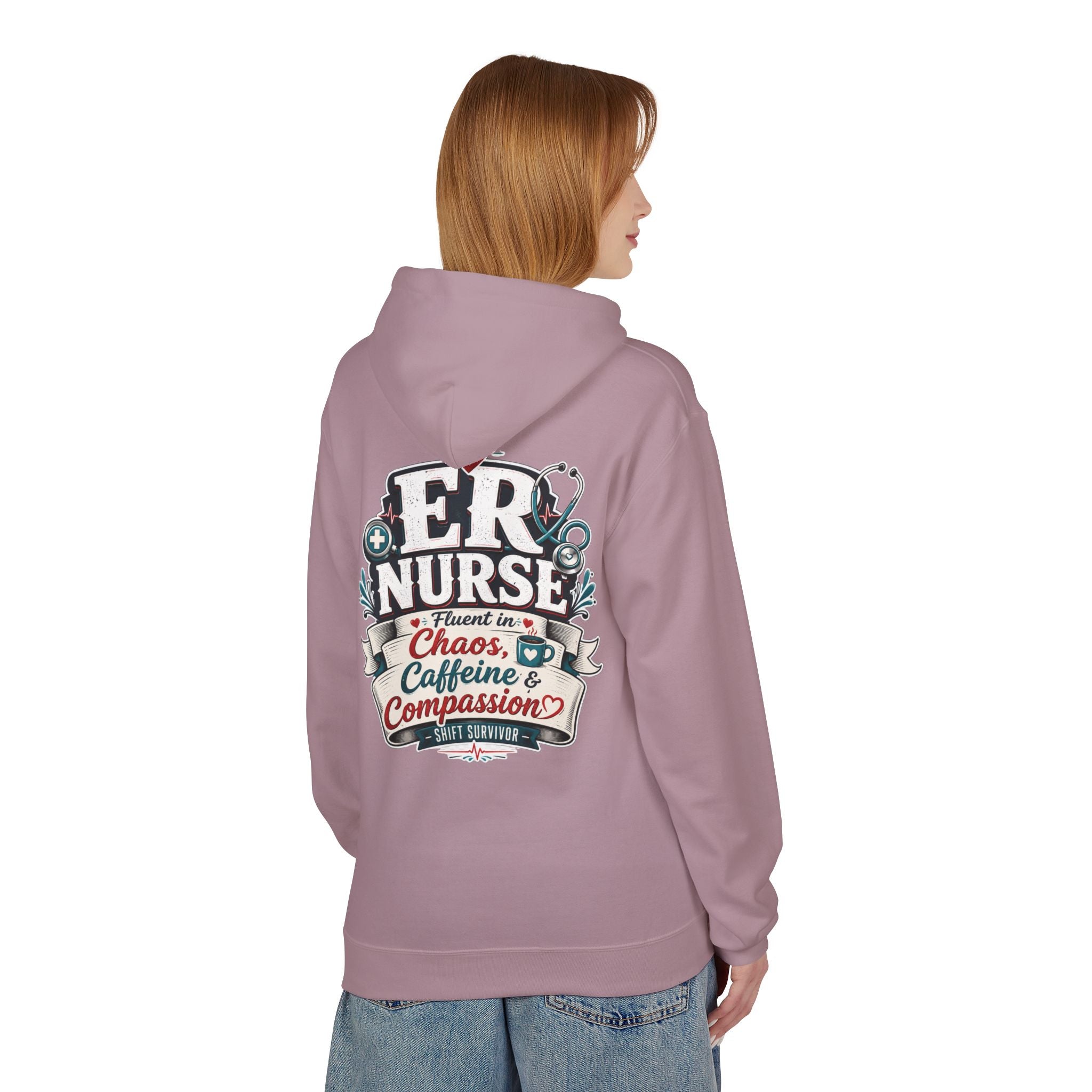 ER Nurse Hoodie - "Present in Chaos, Fueled by Caffeine & Compassion" Medical Staff Pullover