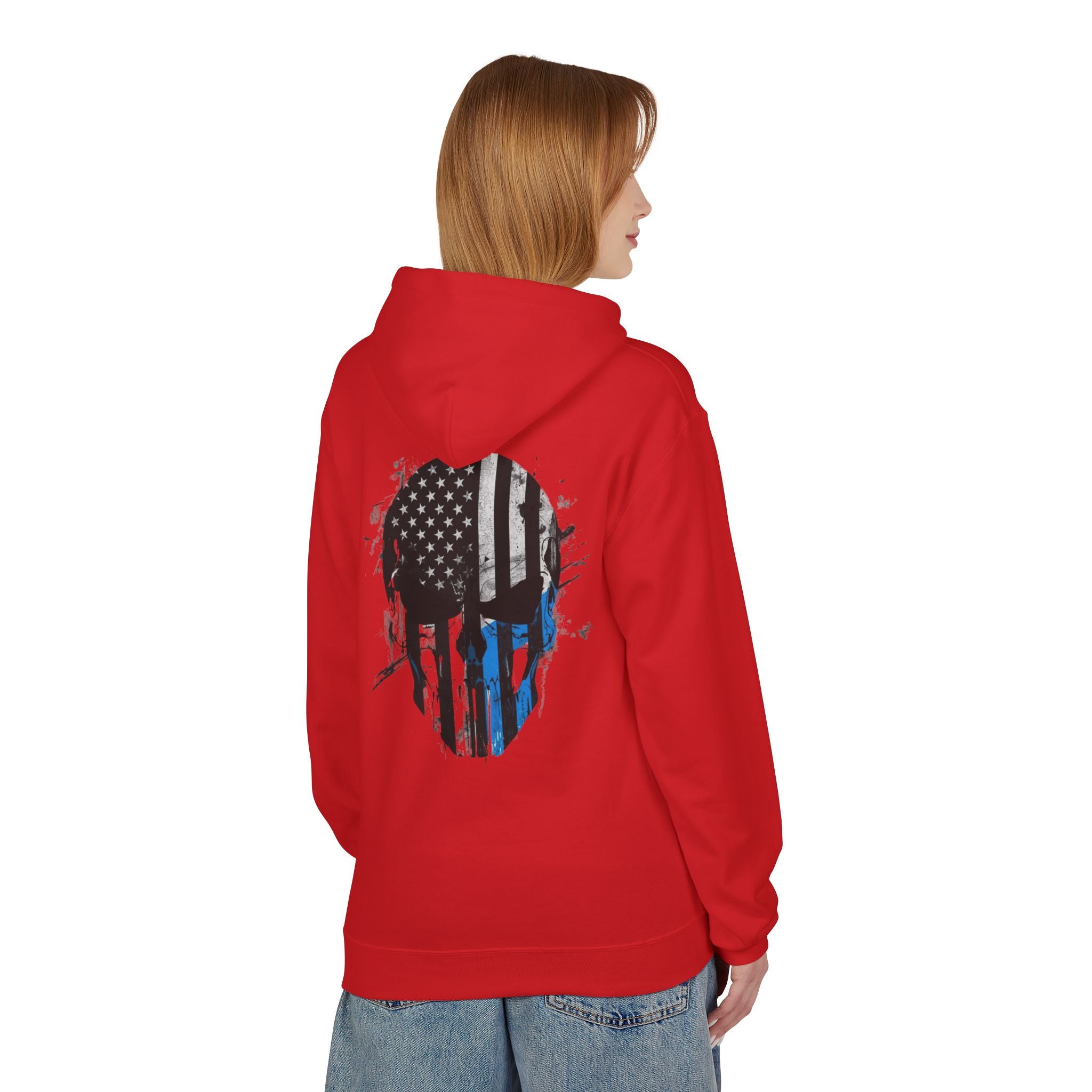 Thin Blue Line Skull Hoodie – Police Support American Flag Back Print