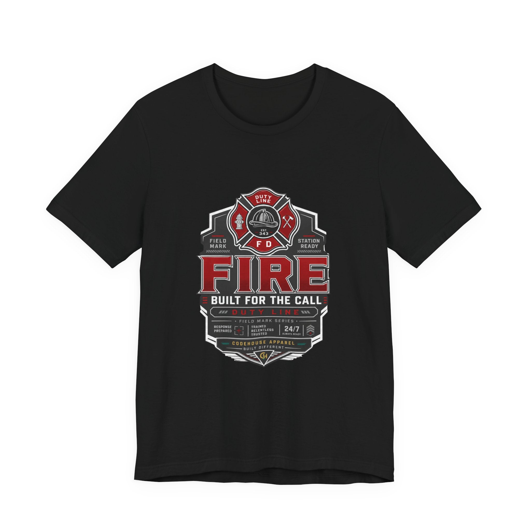 Firefighter T-Shirt — "Built for the Call" Fire Dept Badge Tee