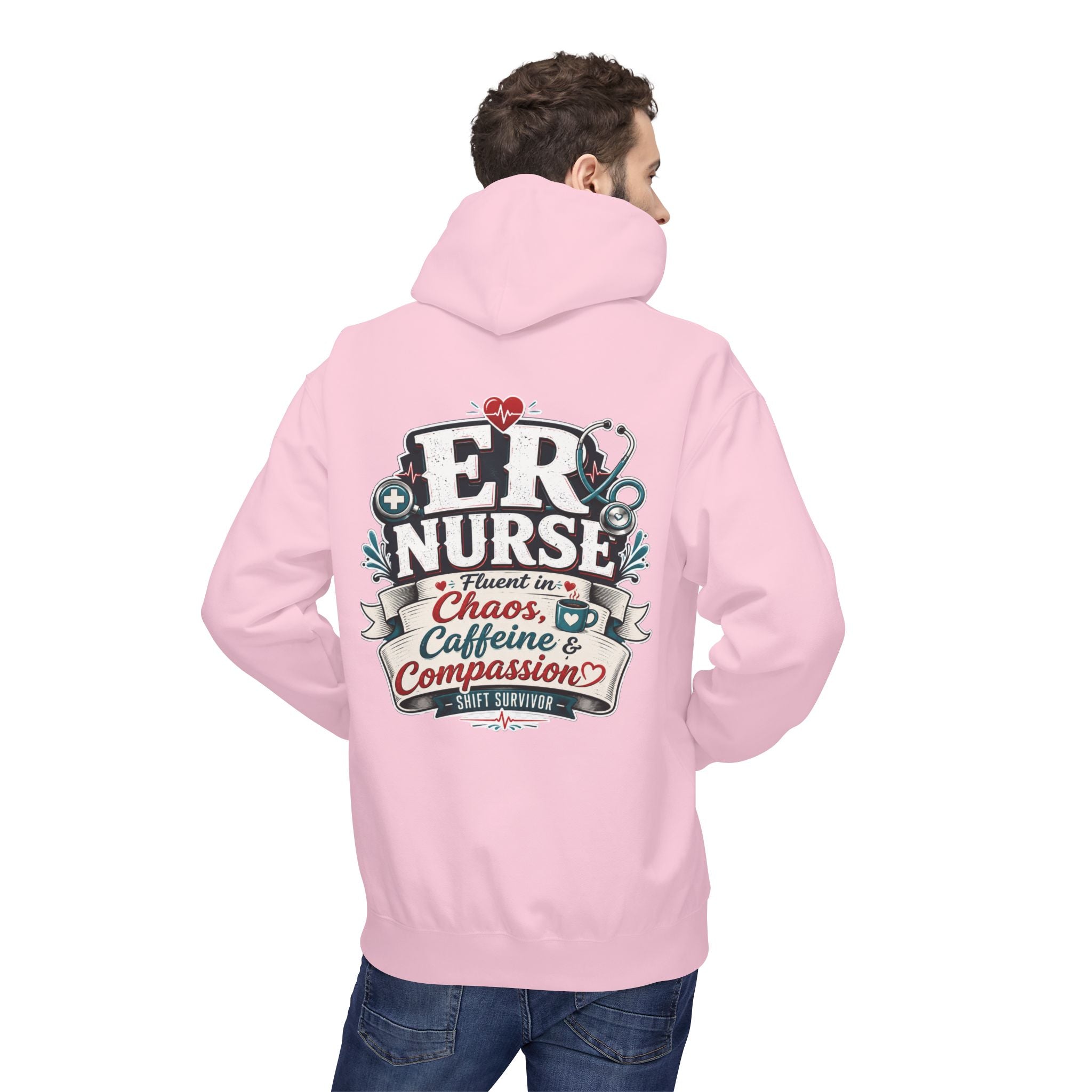ER Nurse Hoodie - "Present in Chaos, Fueled by Caffeine & Compassion" Medical Staff Pullover
