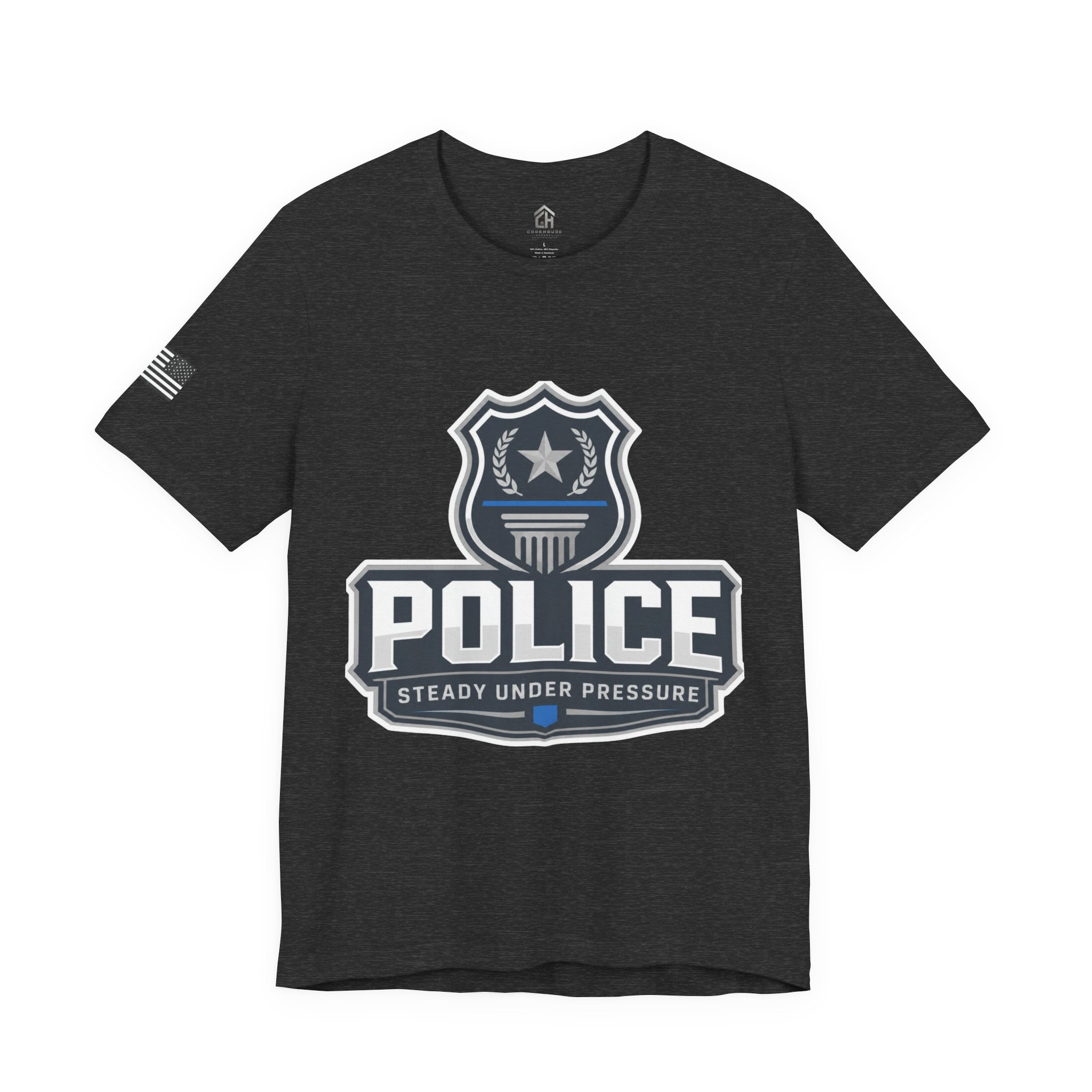 Police Shield T-Shirt — "Steady Under Pressure" Thin Blue Line Tribute