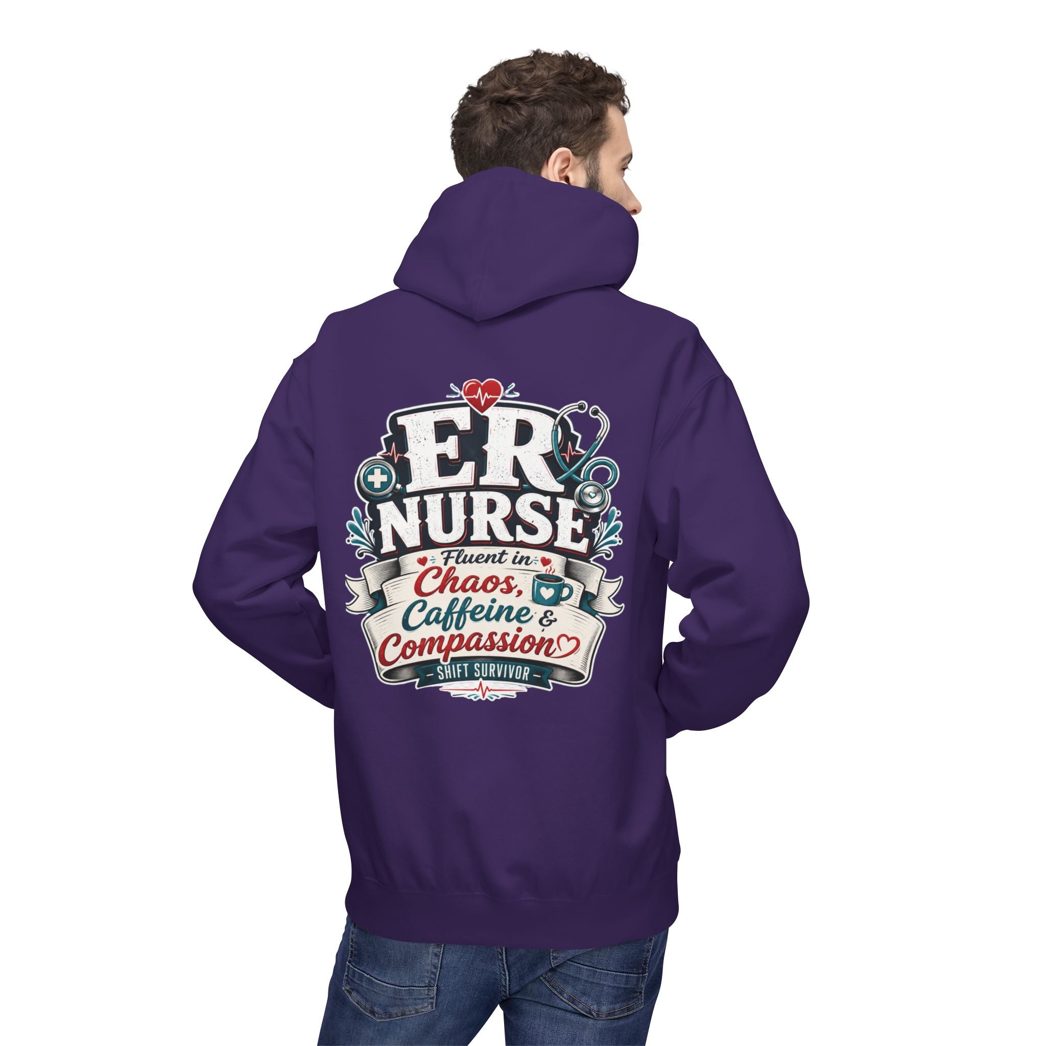 ER Nurse Hoodie - "Present in Chaos, Fueled by Caffeine & Compassion" Medical Staff Pullover