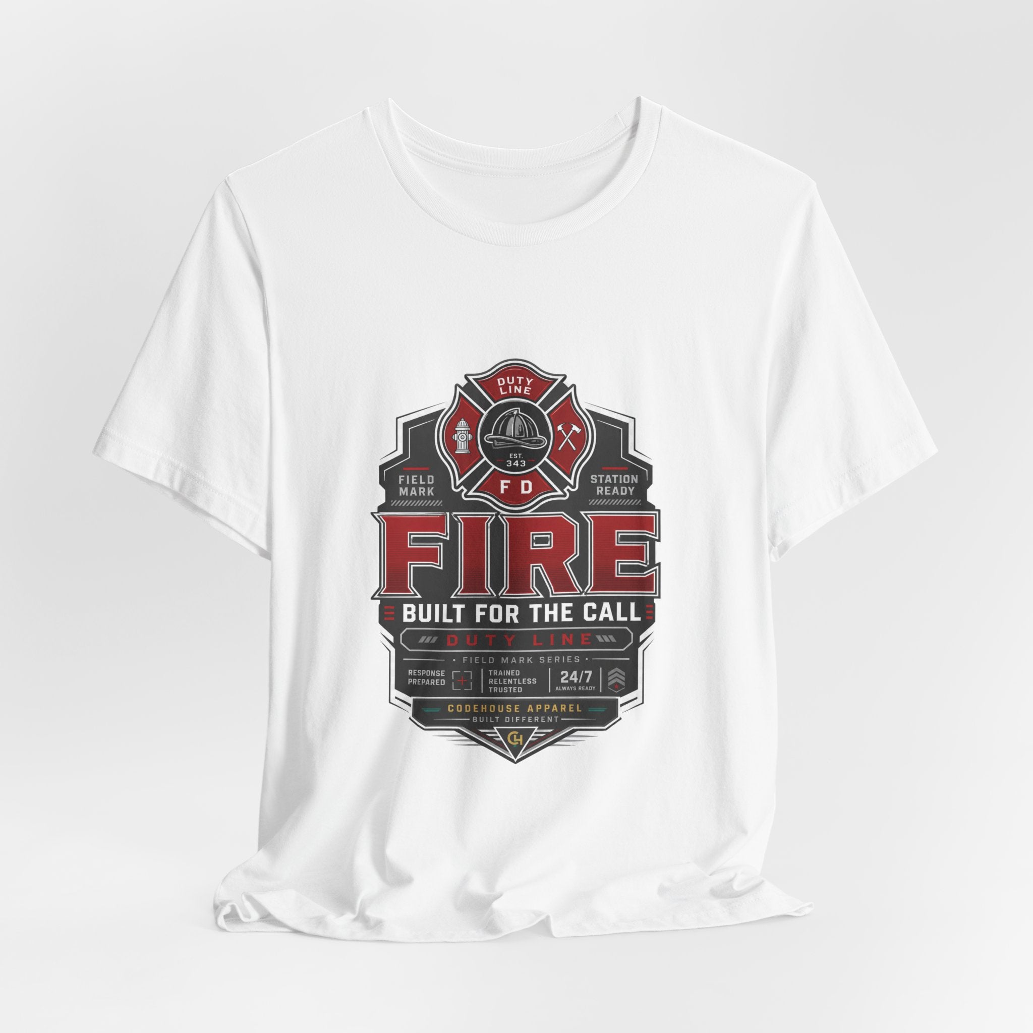 Firefighter T-Shirt — "Built for the Call" Fire Dept Badge Tee