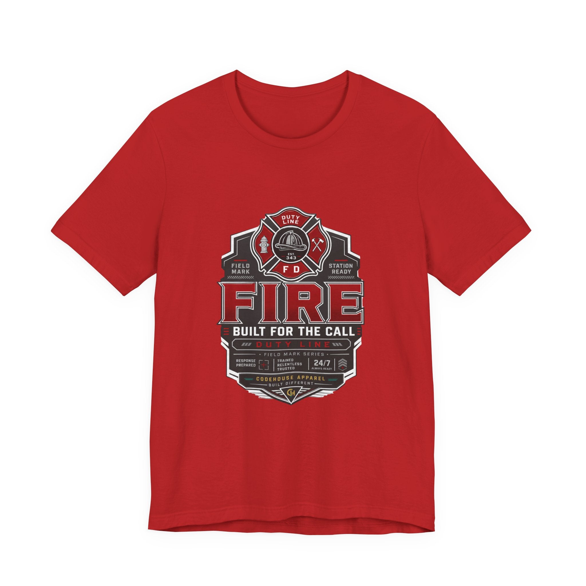 Firefighter T-Shirt — "Built for the Call" Fire Dept Badge Tee