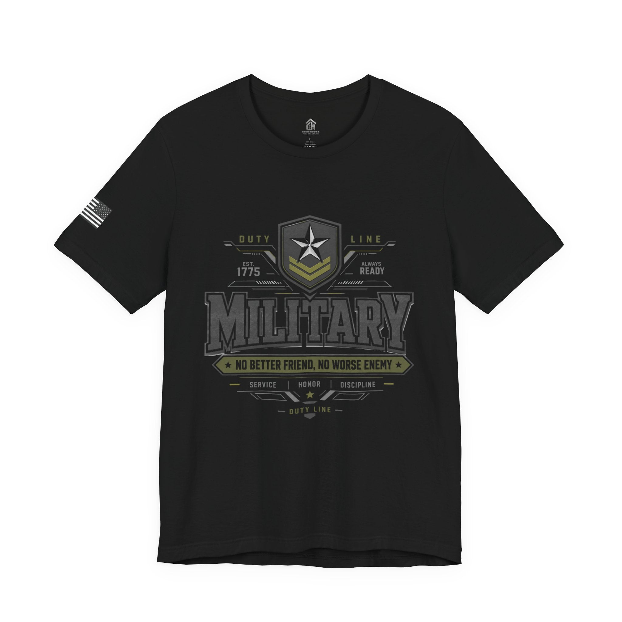 Military Graphic Tee — "No Better Friend, No Worse Enemy" Patriotic Crewneck