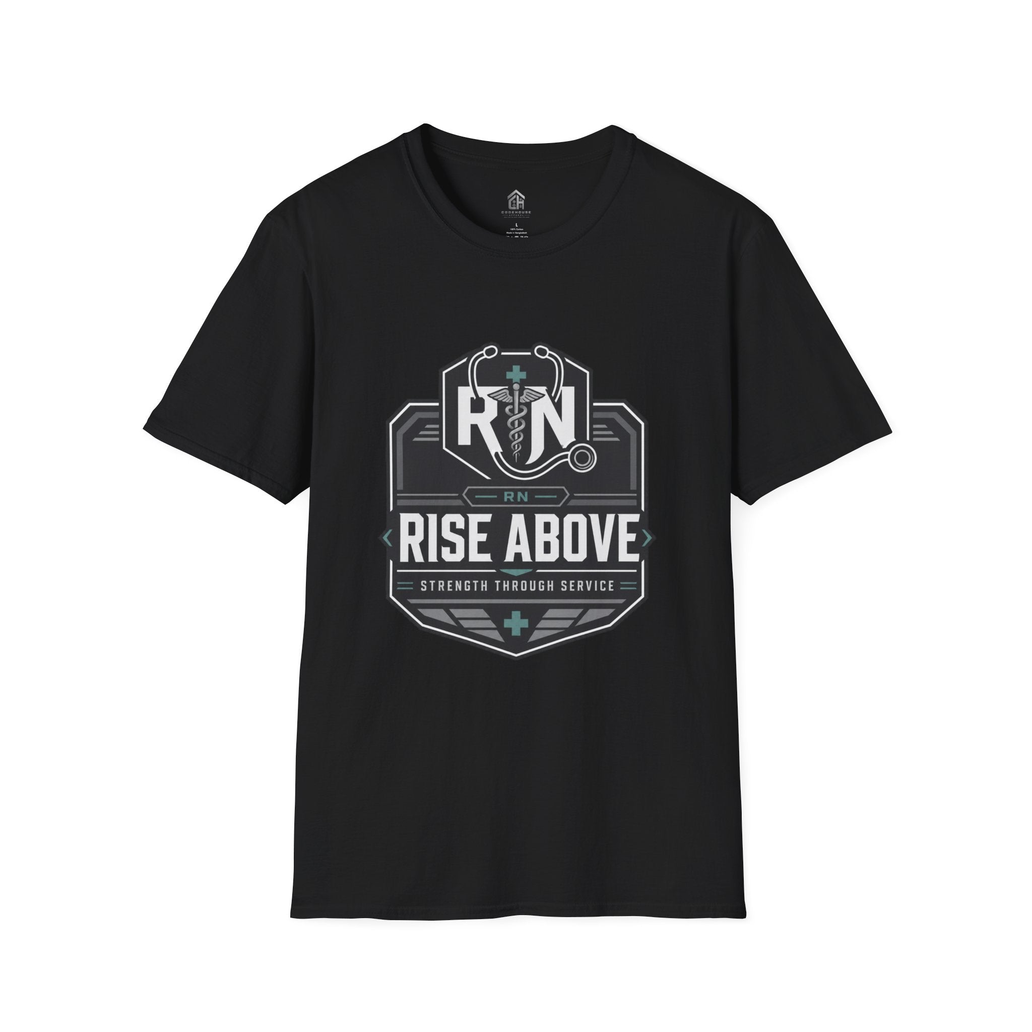 RN Stethoscope Badge T-Shirt — "Rise Above" Nurse Tribute Tee