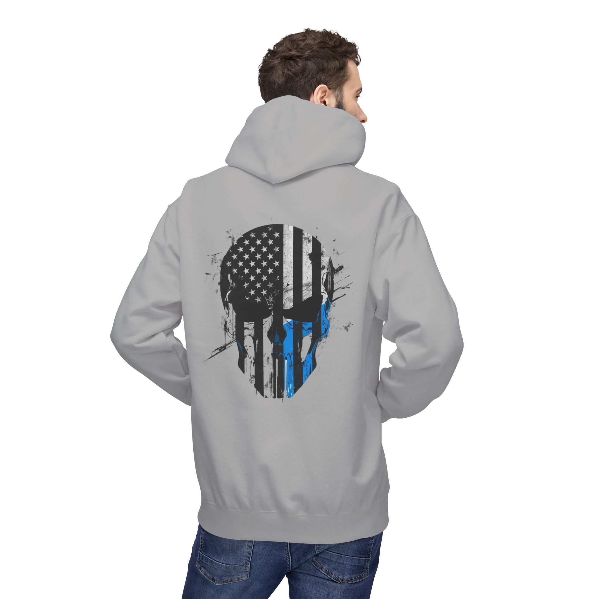 Thin Blue Line Skull Hoodie – Police Support American Flag Back Print