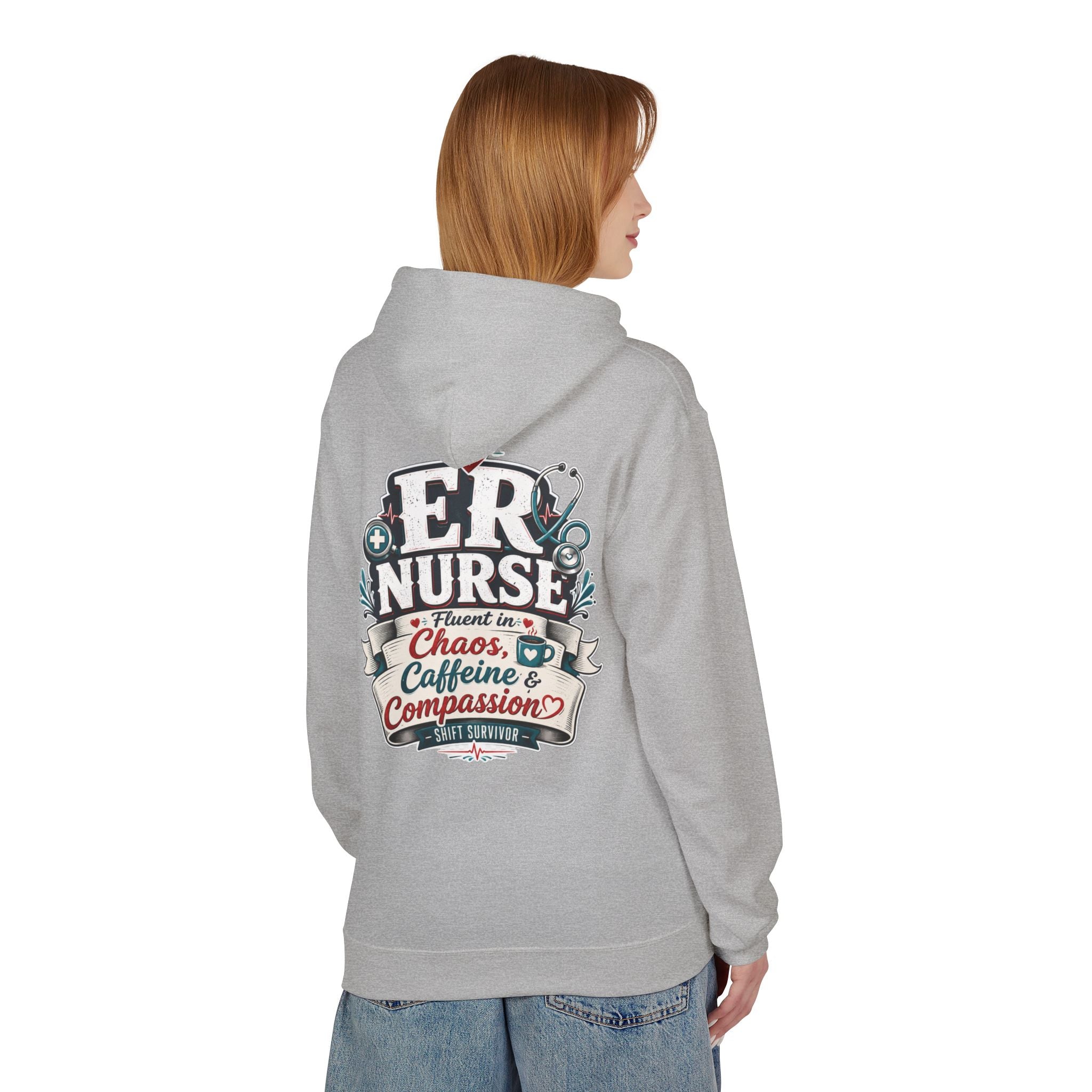 ER Nurse Hoodie - "Present in Chaos, Fueled by Caffeine & Compassion" Medical Staff Pullover