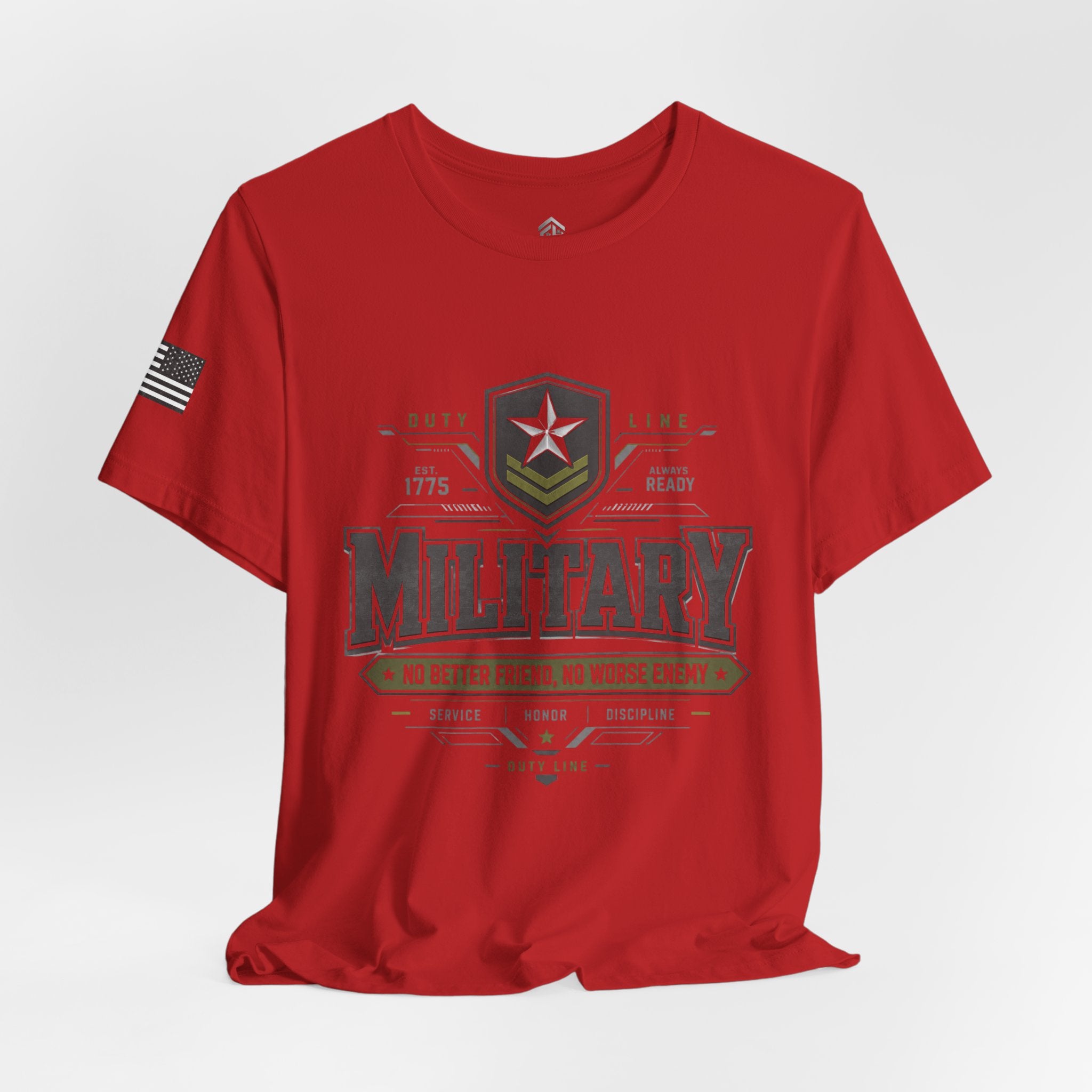 Military Graphic Tee — "No Better Friend, No Worse Enemy" Patriotic Crewneck