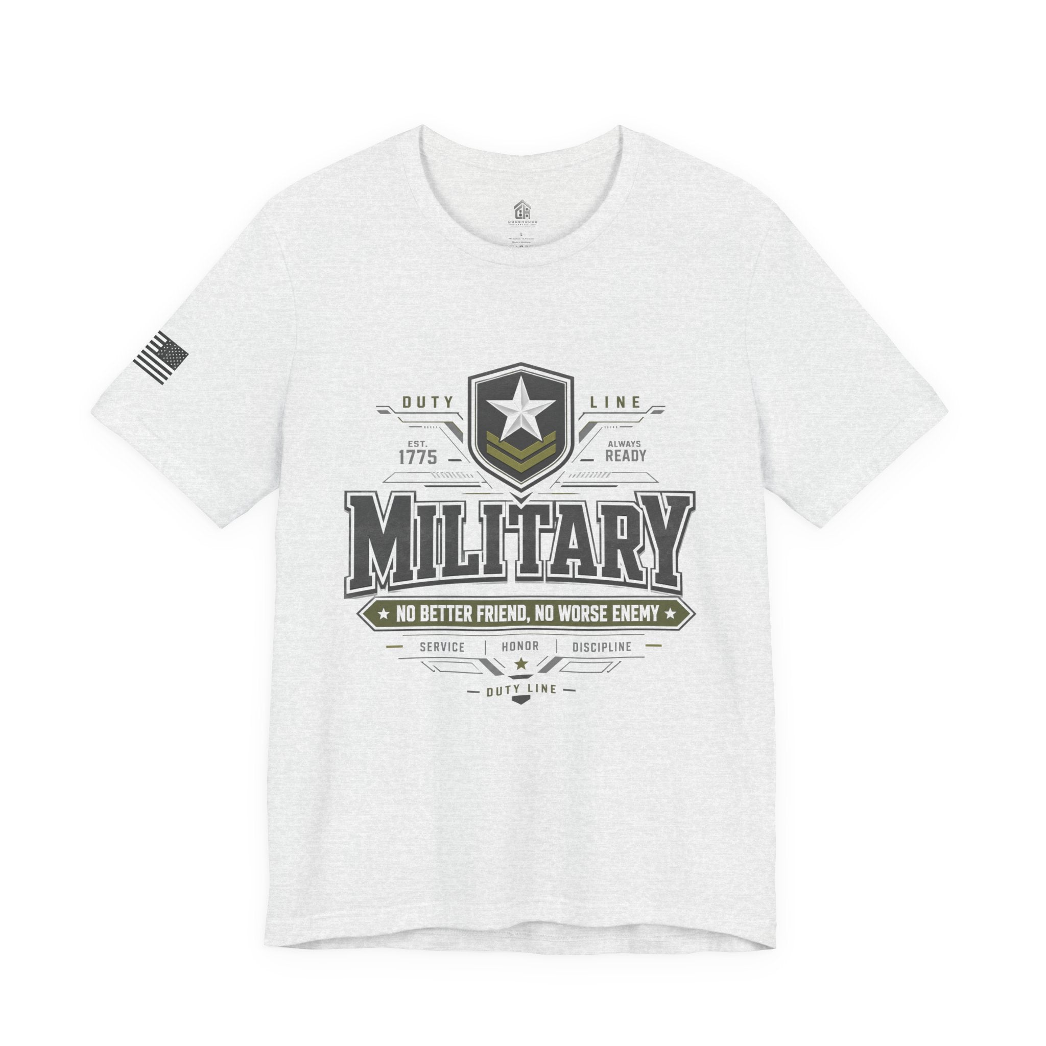 Military Graphic Tee — "No Better Friend, No Worse Enemy" Patriotic Crewneck